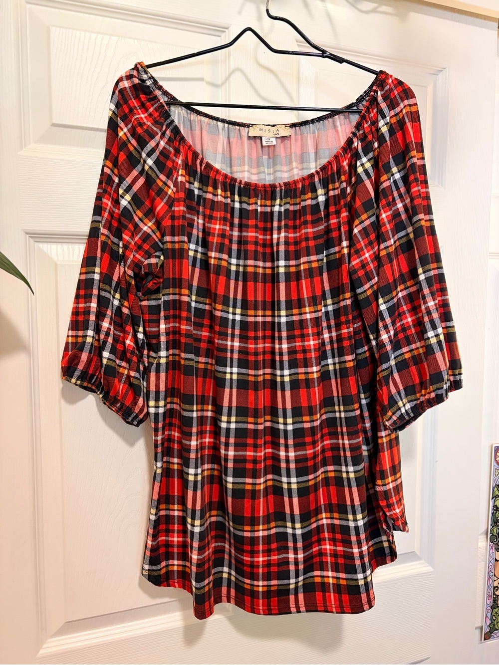 Misia Red Black White Plaid Off-Shoulder Tunic Top